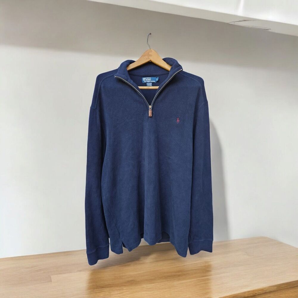 Polo Ralph Lauren Sweatshirt Mens L Blue Pullover 1/4 Zip Red Pony Preppy Soft